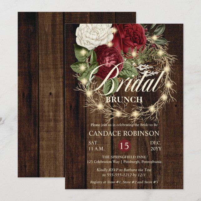 Invitation Brunch nuptial rustique Woodsy Lightsy Wreath (Devant / Derrière)