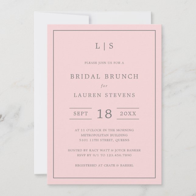 Invitation Brunch nuptial simple rose et gris (Devant)