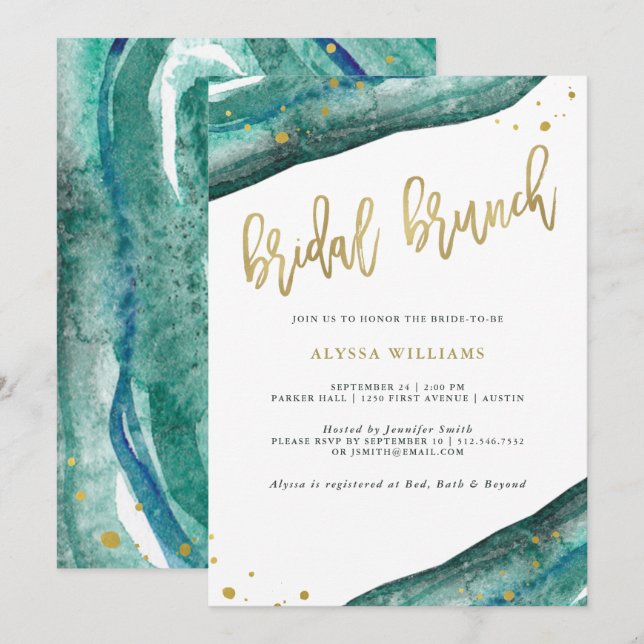 Invitation Brunch nuptial Turquoise et Gold Geode (Devant / Derrière)
