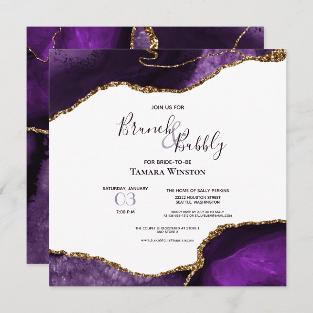 Invitation Brunch nuptial violet et douche Parties scintillan (Devant / Derrière)