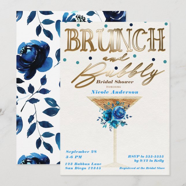 Invitation Brunch Pétillant Or Bleu Sarcelle Floral Baignade  (Devant / Derrière)