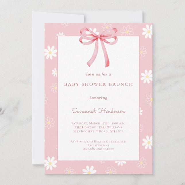Invitation Brunch pour Baby Shower avec Ruban à Arc Rose et M (Devant)
