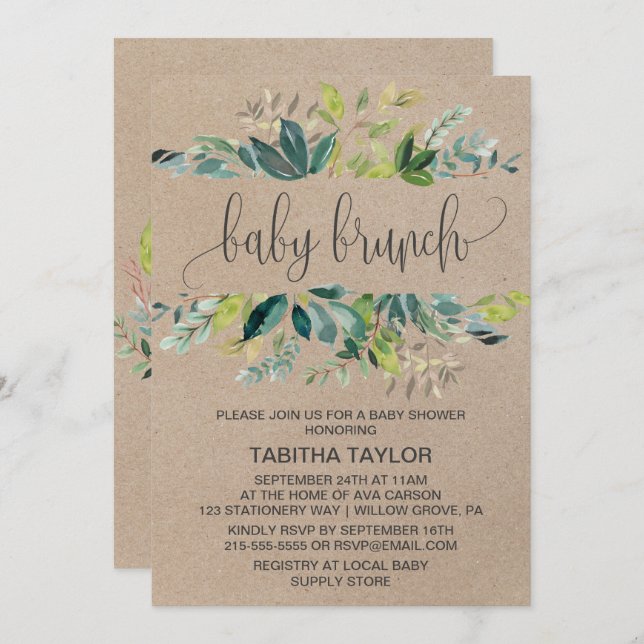 Invitation Brunch pour bébé Kraft Foliage (Devant / Derrière)