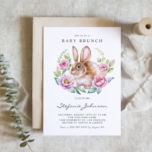 Invitation Brunch pour bébé Lapin aquarelle et fleurs roses