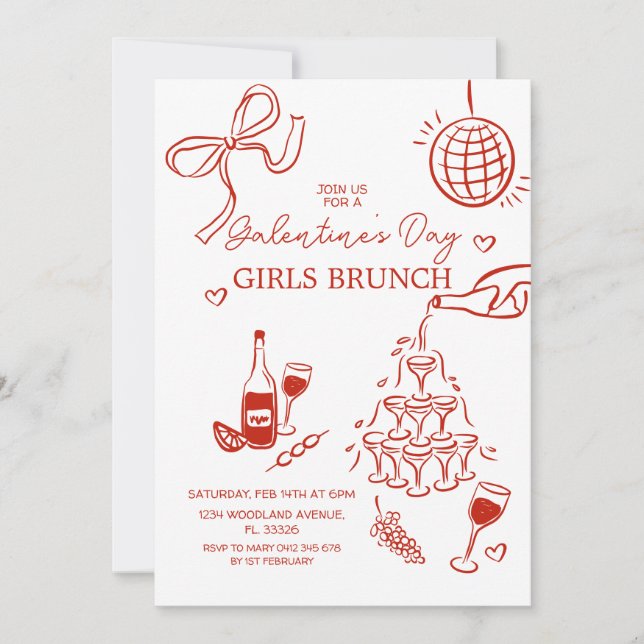 Invitation Brunch pour filles de la Saint-Galentin rouge tiré (Devant)