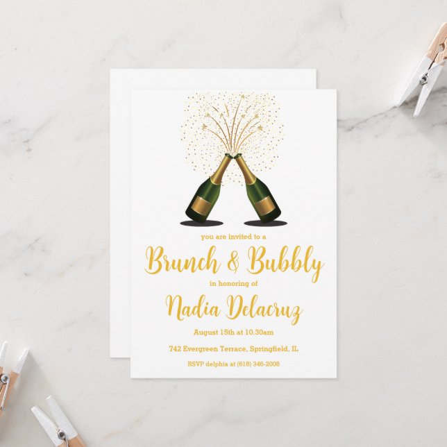 Invitation brunch rose et or et douche à bulles (Devant/Arrière en situation)