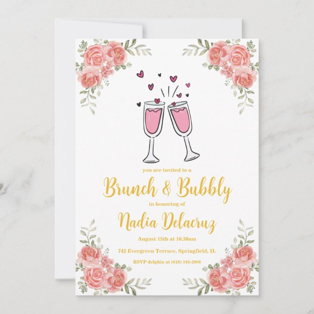 Invitation brunch rose et or et douche à bulles (Devant)
