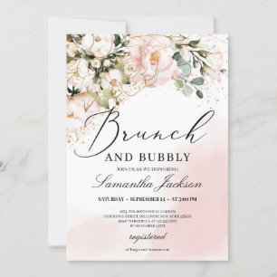 Invitation Brunch rustique rose floral rose et mousseux