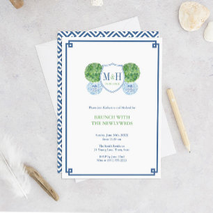 Invitation Brunch Smart Blue & Green Monogram avec les jeunes