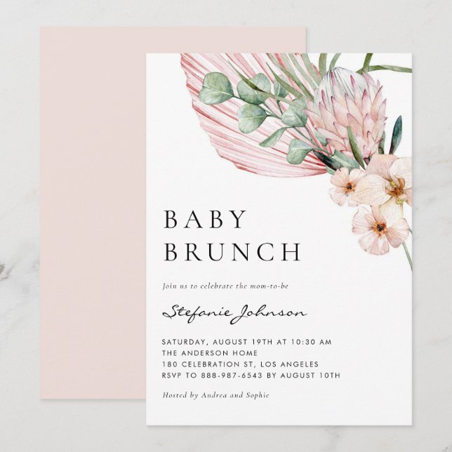 Invitation Brunch Tropical pour Bébé Protea Aquarelle Rose (Devant / Derrière)