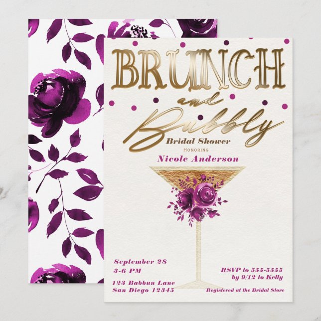 Invitation Brunch Vin Rose Pétillant Doré Floral Baby Shower  (Devant / Derrière)