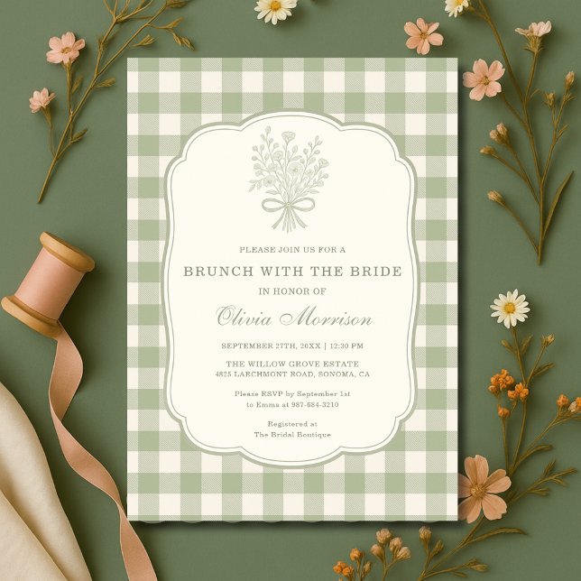 Invitation Brunch with the Bride Sage Green Gingham Shower  (Créateur téléchargé)