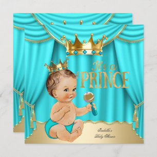 Invitation Brunette Baby shower Prince Aqua Blue Gold Crown