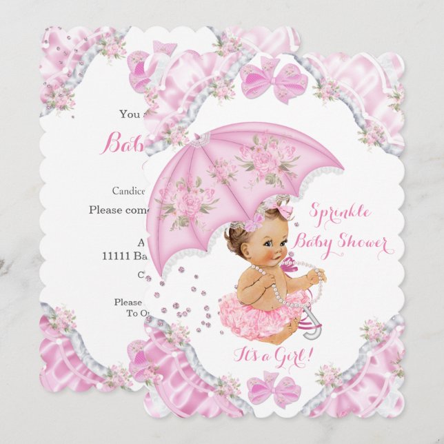 Invitation Brunette Baby shower rose Parapluie Fleurs Fille (Devant / Derrière)