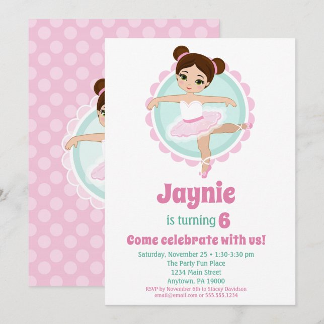 Invitation Brunette Ballerina Ballet Danser Anniversaire (Devant / Derrière)