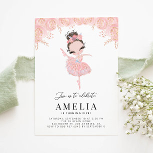 Invitation Brunette Ballerina en Robe Rose Anniversaire Flora