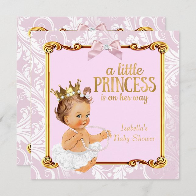 Invitation Brunette Bébé Princesse Baby shower Blanc Rose Or (Devant / Derrière)