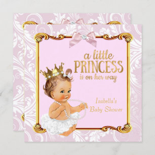 Invitation Brunette Bébé Princesse Baby shower Blanc Rose Or