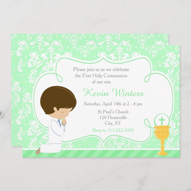Invitation Brunette Boy First Communion Damask (Devant / Derrière)