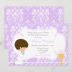 Invitation Brunette Boy First Communion Damask