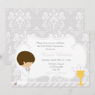 Invitation Brunette Boy First Communion Damask