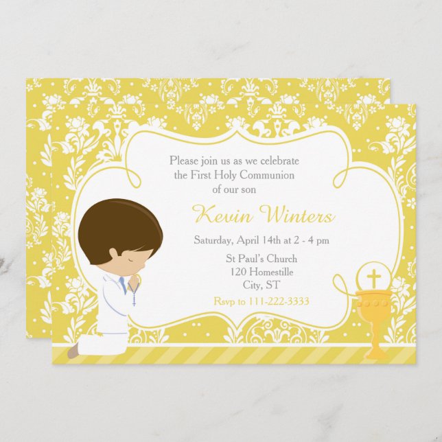 Invitation Brunette Boy First Communion Damask (Devant / Derrière)