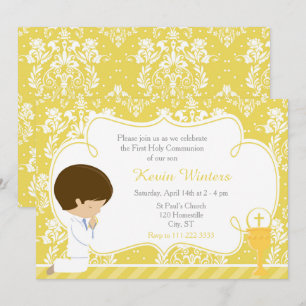 Invitation Brunette Boy First Communion Damask