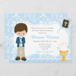 Invitation Brunette Boy First Communion Damask