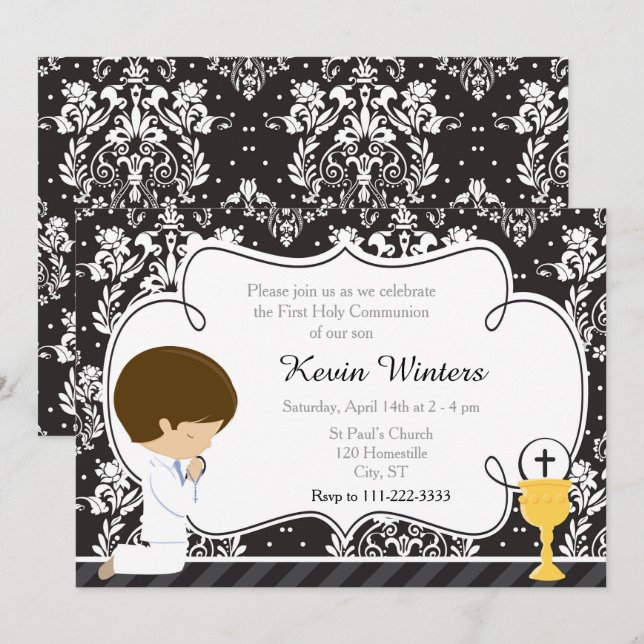 Invitation Brunette Boy First Communion Damask (Devant / Derrière)