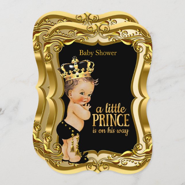 Invitation Brunette Boy Prince Baby shower Black Gold (Devant / Derrière)