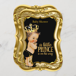 Invitation Brunette Boy Prince Baby shower Black Gold