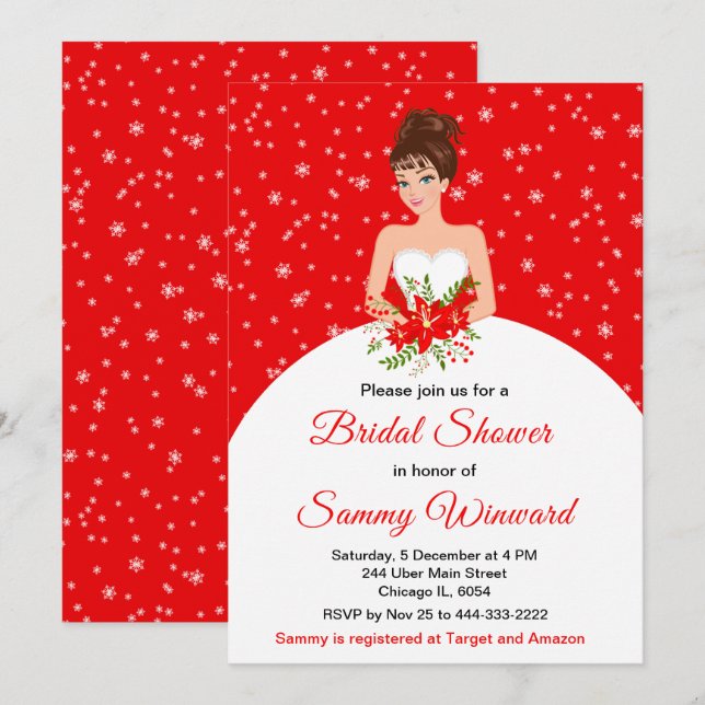 Invitation Brunette Bride Snowflake Fête des mariées rouge (Devant / Derrière)