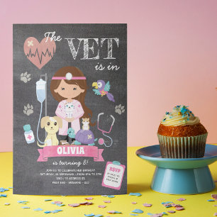 Invitation Brunette Chalkboard Fille Vet Anniversaire