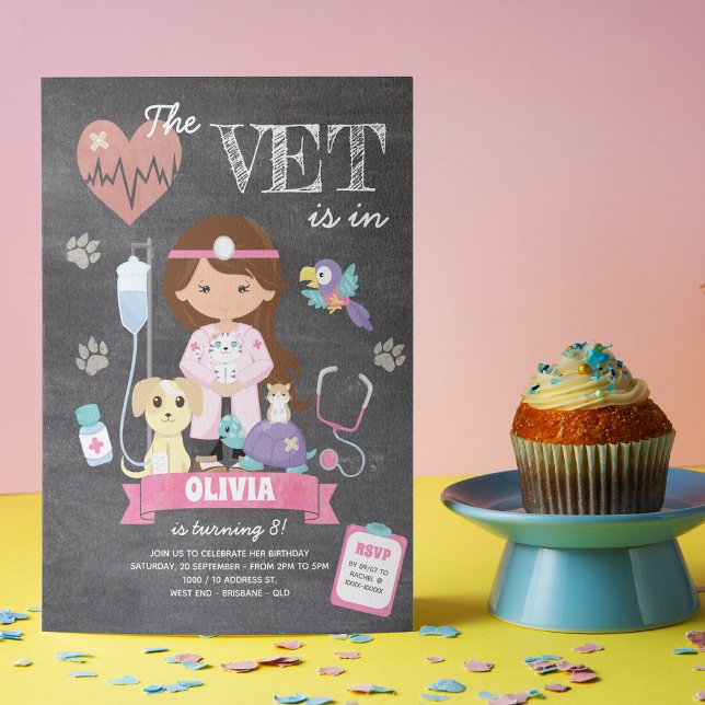 Invitation Brunette Chalkboard Fille Vet Anniversaire (This girl’s vet birthday invitation is just the right medicine to your celebration!)