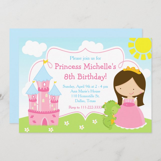 Invitation Brunette Cute Princesse et Dragon Anniversaire (Devant / Derrière)