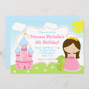 Invitation Brunette Cute Princesse et Dragon Anniversaire