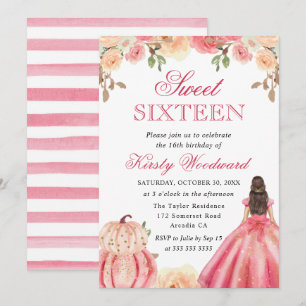 Invitation Brunette en robe rose Citrouilles florales Sweet 1