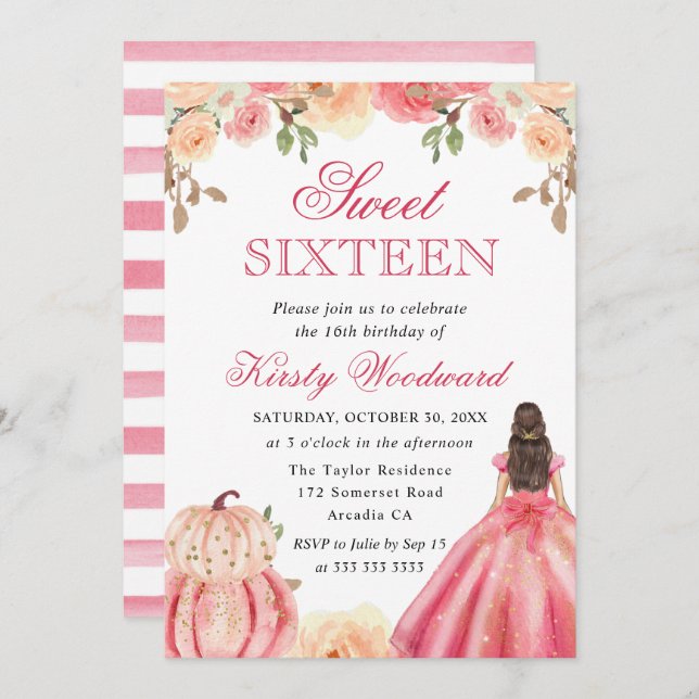 Invitation Brunette en Robe Rose Floral Citrouille Sweet 16 (Devant / Derrière)