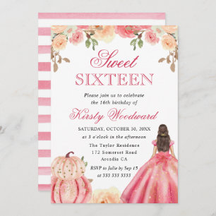 Invitation Brunette en Robe Rose Floral Citrouille Sweet 16
