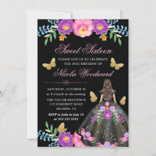 Invitation Brunette Femme en robe florale mexicaine Douce 16
