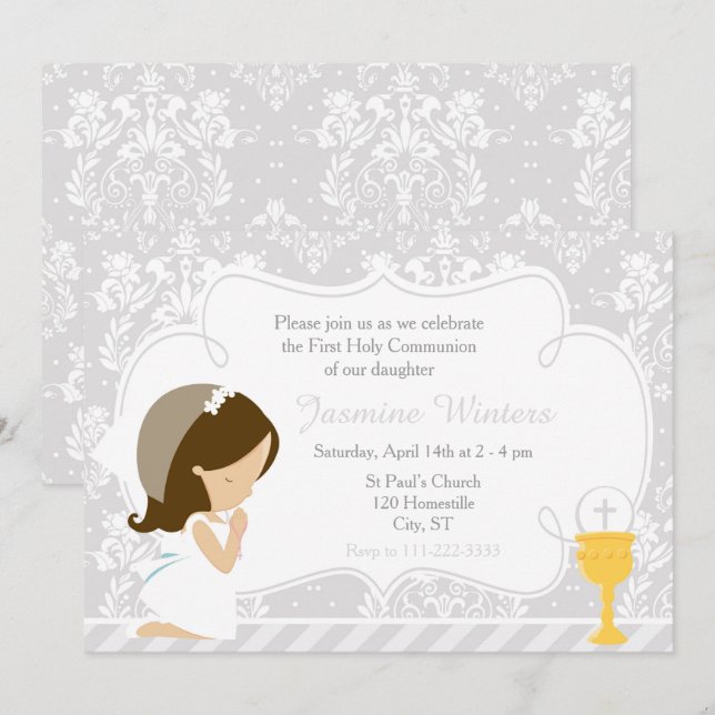 Invitation Brunette Girl First Communion Damask (Devant / Derrière)