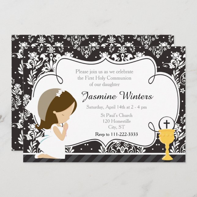 Invitation Brunette Girl First Communion Damask (Devant / Derrière)