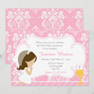 Invitation Brunette Girl First Communion Damask