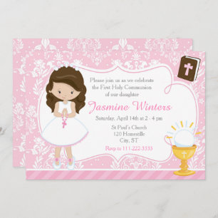 Invitation Brunette Girl First Communion Damask