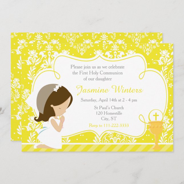Invitation Brunette Girl First Communion Damask (Devant / Derrière)