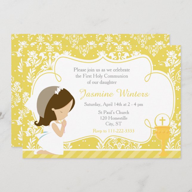 Invitation Brunette Girl First Communion Gold Damask (Devant / Derrière)