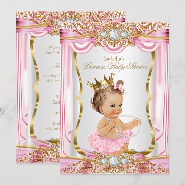 Invitation Brunette Girl Princess Baby shower Rose Silk Gold (Devant / Derrière)