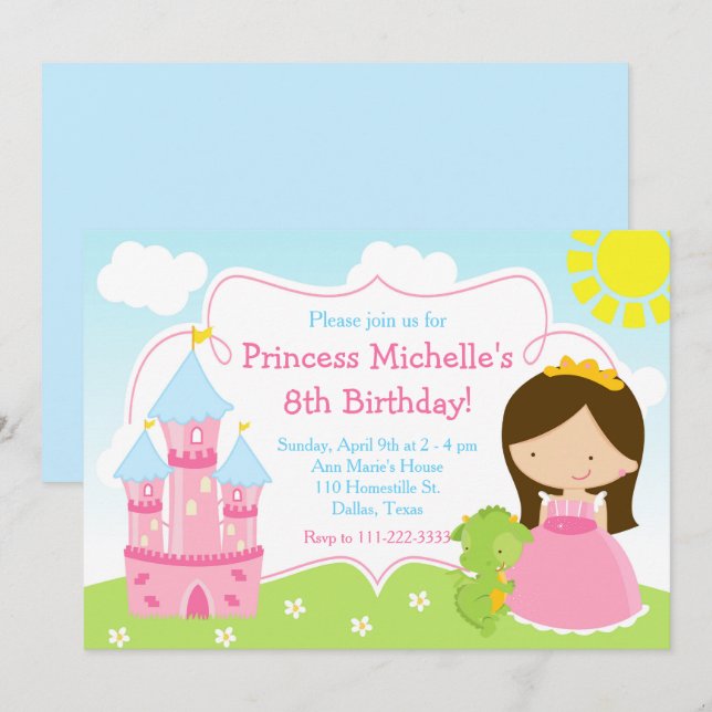 Invitation Brunette Jolie Princesse et Fête d'anniversaire Dr (Devant / Derrière)