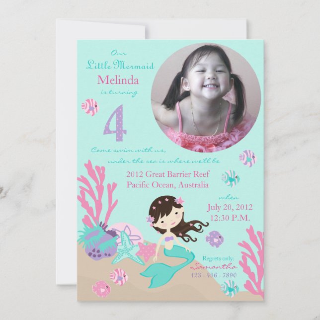 Invitation Brunette Mermaid Quatrième anniversaire (Devant)