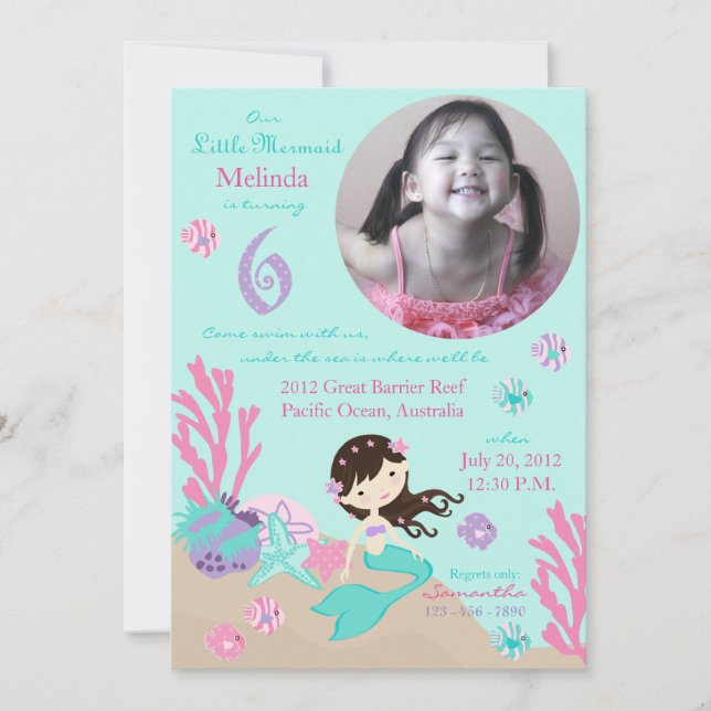 Invitation Brunette Mermaid, sixième anniversaire (Devant)